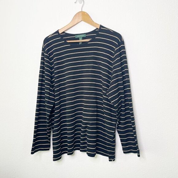Lauren Ralph Lauren Lightweight Knit Black Gold Striped Long Sleeve Top Size 3X - Picture 1 of 7